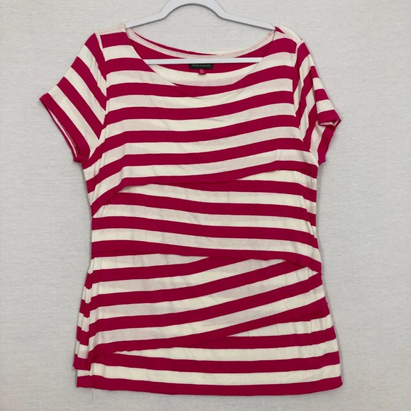 Vince Camuto Pink White Striped Layered Round Neck Knit Stretch Top XL - Picture 1 of 9